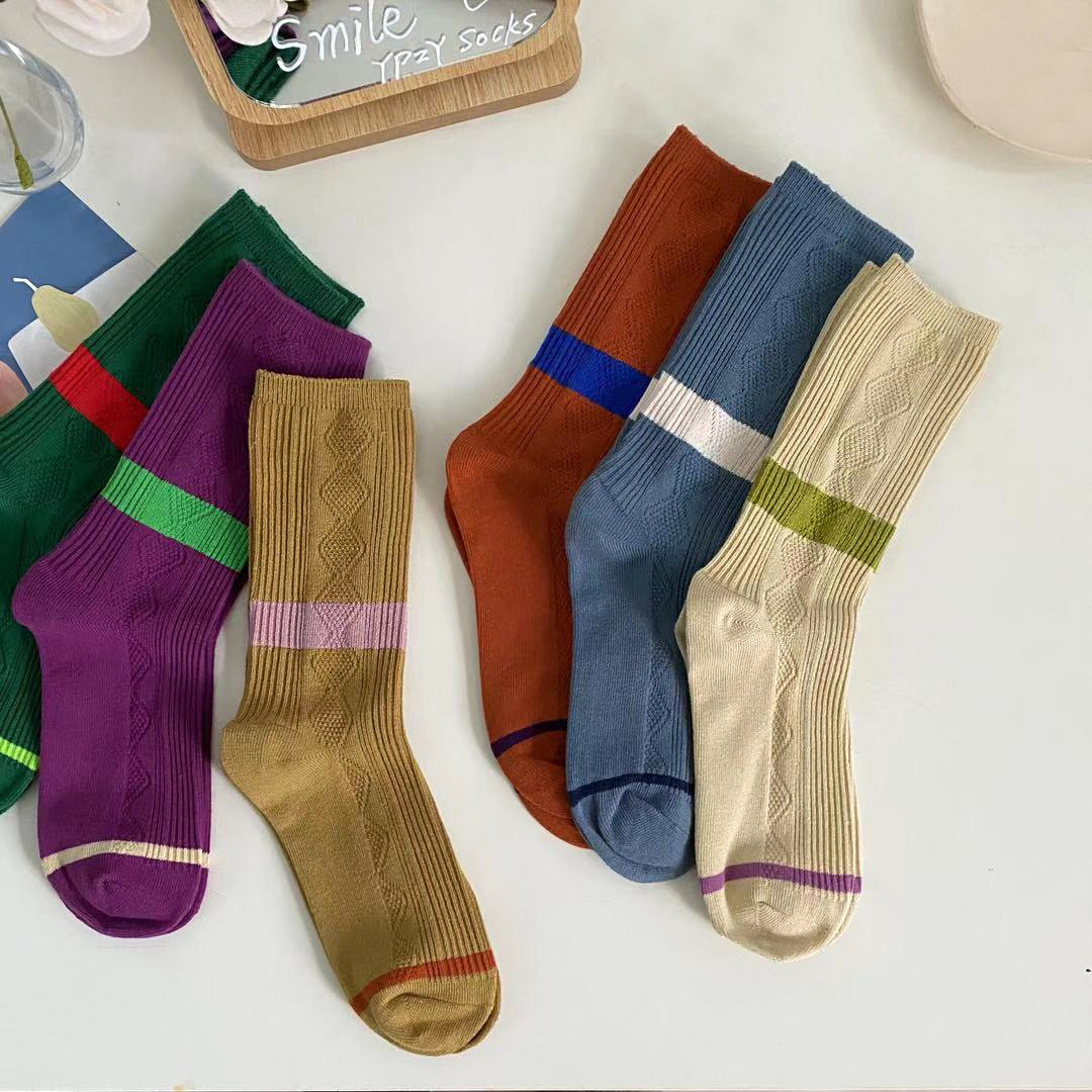韩风撞色条纹麻花菱格纹新配色 复古文艺少女日系中筒堆堆袜子ins