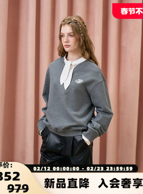 Three Quarters 新款女士细闪圆领灰系带领假两件套头卫衣 301355