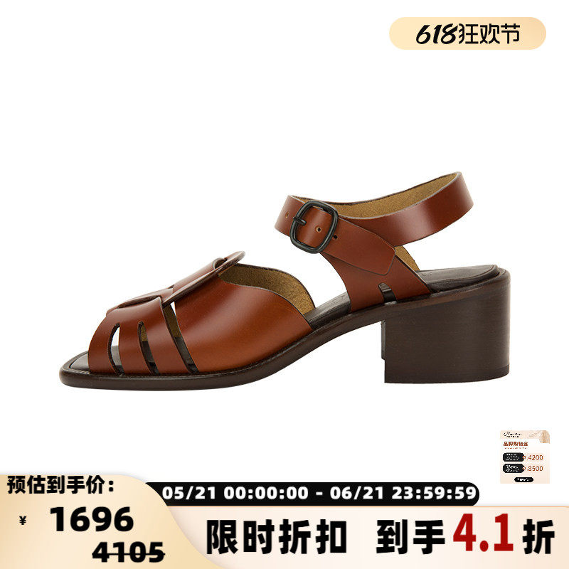 Hereu春夏新款女士牛皮复古露趾小众方头搭扣马蹄跟中跟凉鞋