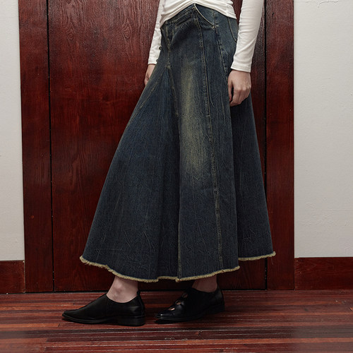 SHROENRO复古水洗毛边长裙