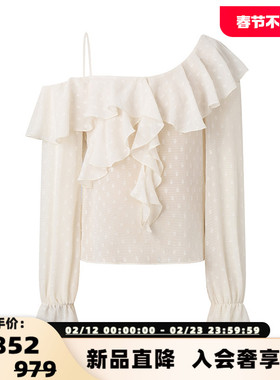 three quarters春夏女士甜美斜肩波点半透雪纺衬衫上衣 301355