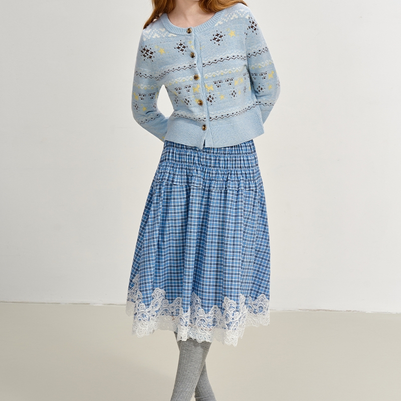 SOFITTE 秋冬新款蕾丝边百褶格纹半身裙银泰百货 301355