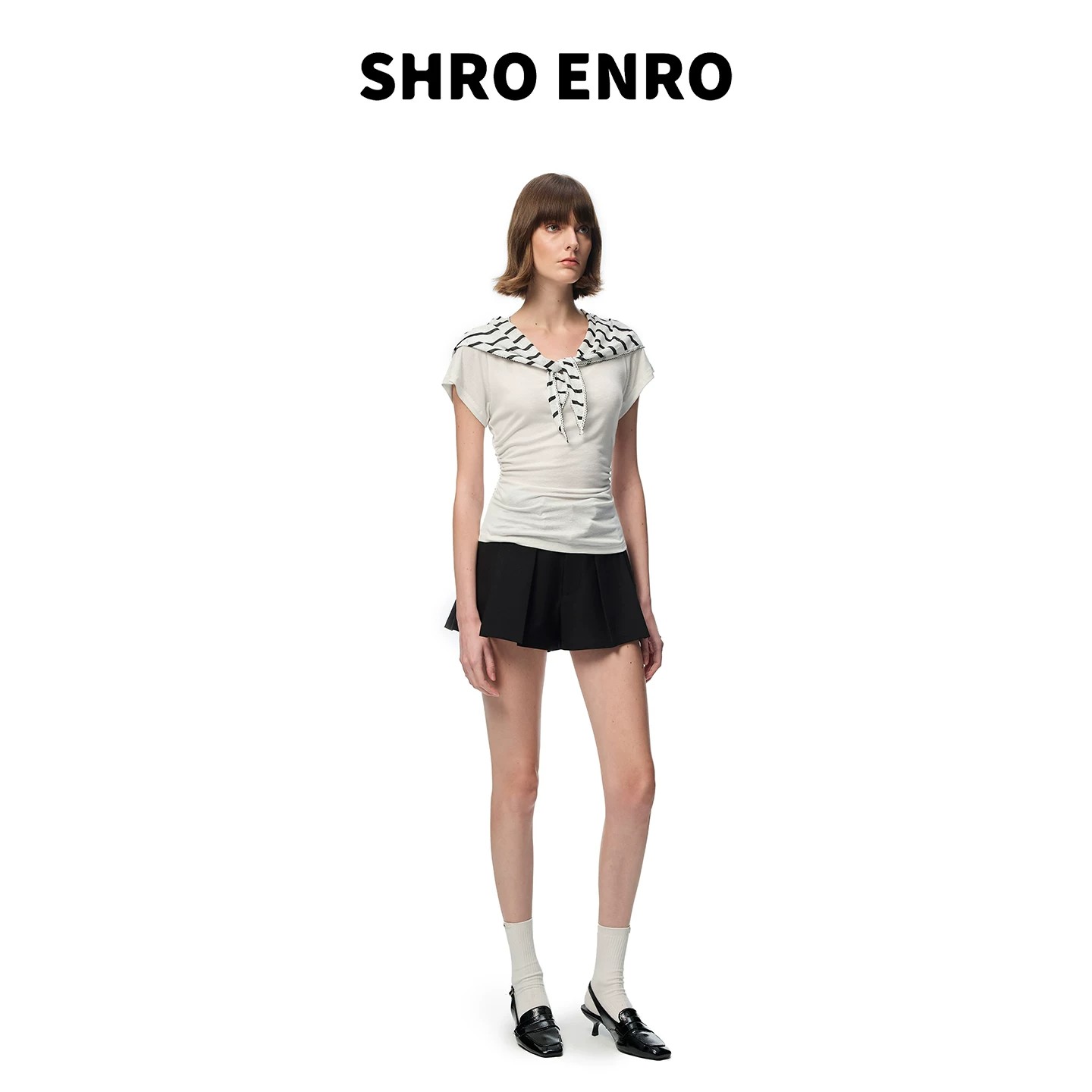 SHRO ENRO26春夏女士学院风V领披肩抽褶针织短袖T恤 银泰 301469