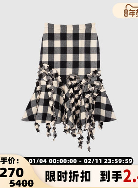 现货PUSHBUTTON春夏新品格纹不规则流苏女士休闲中长裙半身裙裙子