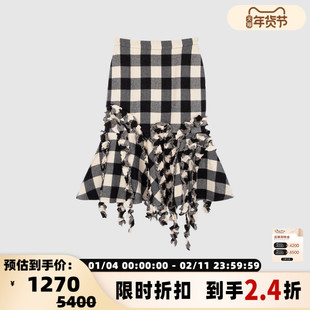 现货PUSHBUTTON春夏新品格纹不规则流苏女士休闲中长裙半身裙裙子