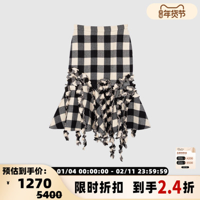 PUSHBUTTON春夏格纹不规则流苏女士休闲中长裙半身裙裙 301604