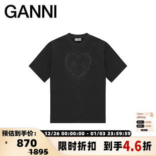 银泰百货301574 T恤 GANNI 春夏日常通勤黑色心形图案落肩圆领短袖