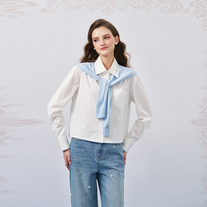 ThreeQuarters 26春夏新款女士海军领披肩短款衬衫银泰百货301355