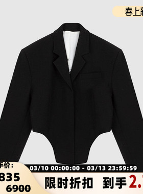 pushBUTTON羊毛前长后短女士设计感短款西装外套银泰百货 301604