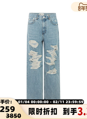 RECTO春季蓝色棉质做旧破洞设计女宽松水洗牛仔裤银泰百货