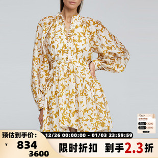 经典 女士长袖 款 土黄色单排扣设计收腰款 连衣裙碎花裙 白色 ACLER