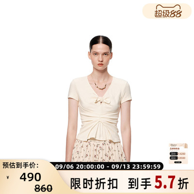 SHRO ENRO 夏季新款女士V领褶裥针织衫短袖上衣银泰百货 301469