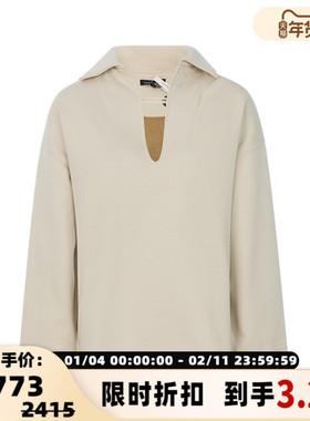 Soeur 春季新款女士米色棉质V领翻领套头长袖休闲上衣卫衣