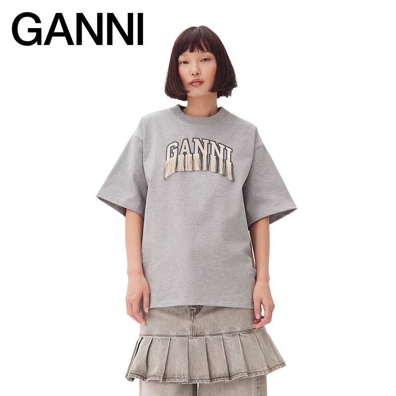 GANNI 春夏棉质落肩流苏LOGO标志女士圆领短袖T恤银泰百货301574