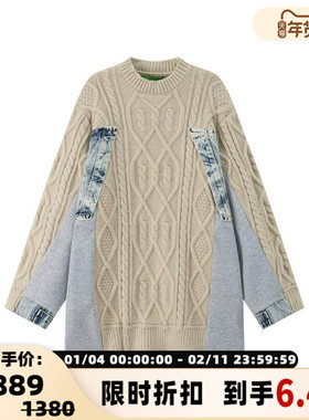 DEAR ALIEN 秋冬新款女士拼接牛仔圆领套头毛衣 银泰百货301577