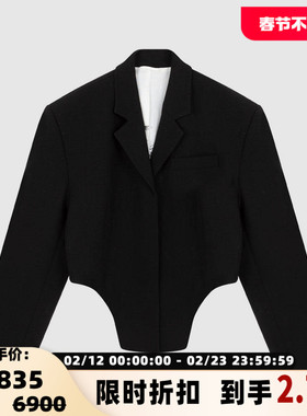 pushBUTTON羊毛前长后短女士设计感短款西装外套银泰百货 301604