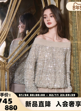 FLONAKED 秋冬新款细闪星河一字肩女士针织衫上衣银泰百货 300170