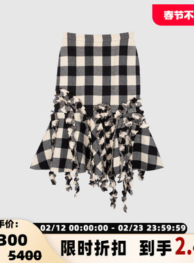 PUSHBUTTON春夏格纹不规则流苏女士休闲中长裙半身裙裙 301604