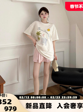 three quarters潮流女士拼接腰头logo高腰百褶A字裙裤  301355