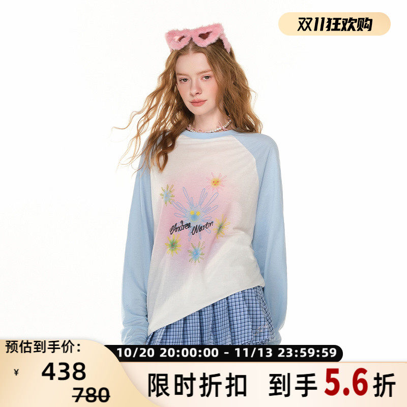 ANDREA MARTIN女士撞色插肩袖印花长袖上衣银泰百货301489
