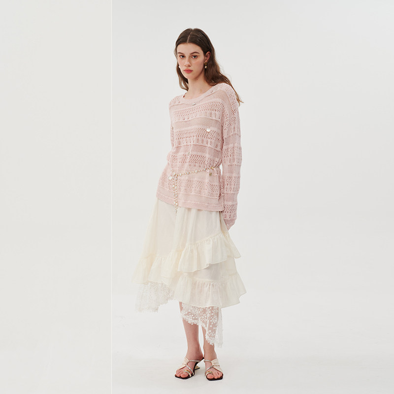 three quarters26春夏女士不规则蕾丝拼接半身裙 银泰百货 301355