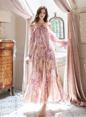 FLONAKED 新款度假风挂脖抹胸荷叶边印花连衣裙银泰百货 300170