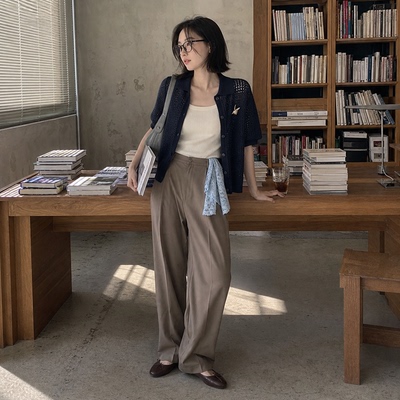 新款压褶显瘦纯棉直筒休闲裤