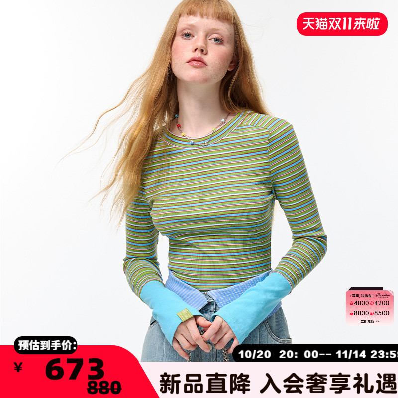 AlexiaSandra撞色袖针织打底衫