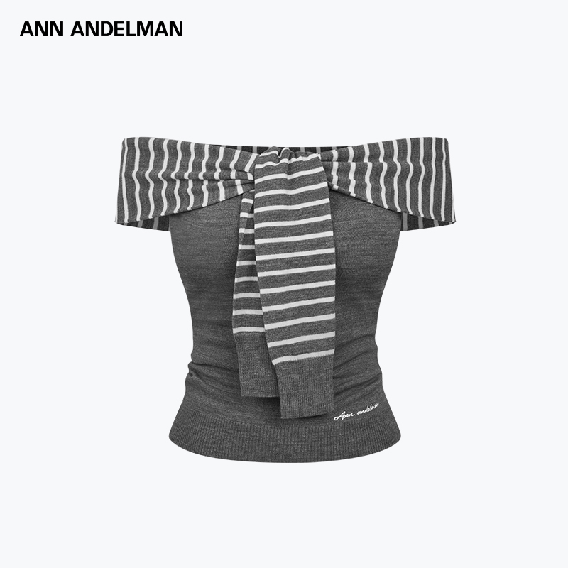 ANN ANDELMAN  25新款女士条纹绑带一字肩短袖T恤银泰百货 301286