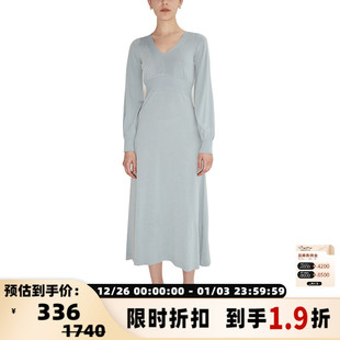 INSPIRE&STORIES春夏纯色优雅女V领长袖 打底针织连衣裙长裙 修身