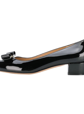 Ferragamo菲拉格慕 女款黑色皮革蝴蝶结浅口粗跟高跟鞋 301479