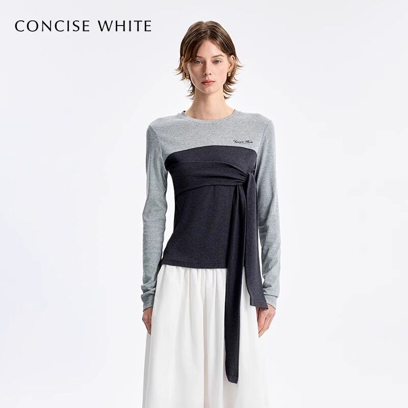 CONCISE-WHITE女士拼接色假两件绑带圆领长袖T恤银泰百货 301257