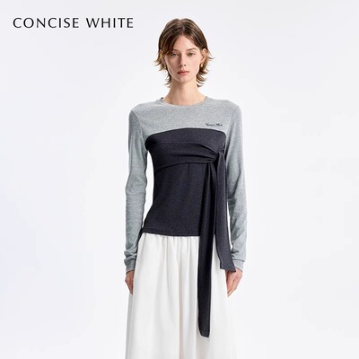 CONCISE-WHITE女士拼接色假两件绑带圆领长袖T恤银泰百货 301257