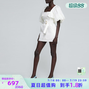折扣 象牙白方领收腰双排铆钉女士灯笼袖 ACLER 连衣裙 短袖 短款
