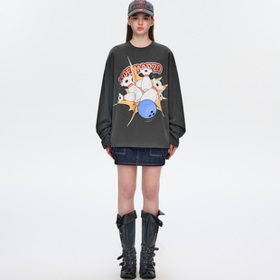 上衣街头棉质T恤银泰 MARZO 圆领宽松长袖 300178 男女同款