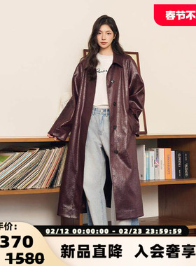 Three Quarters 女士酒红色宽松长款风衣外套银泰百货精品 301355
