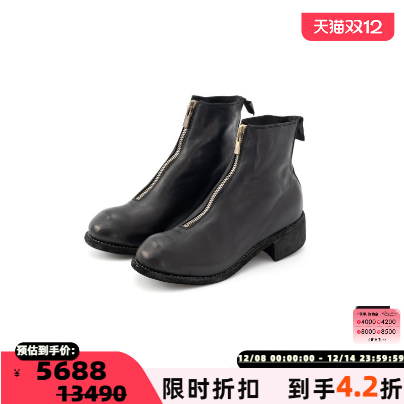 女士黑色拉链马皮革低跟踝靴银泰