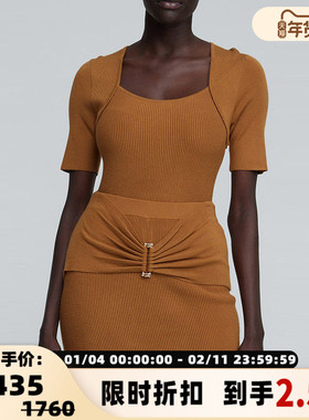 ACLER 土黄色圆领修身款小露背设计女士短袖针织衫银泰