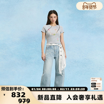 Sofitte 春夏新款女士磨损破洞弯刀阔腿牛仔裤银泰百货  301355