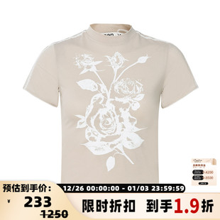 夏花卉图案装 饰女短款 半高领短袖 OPEN 修身 T恤 折扣