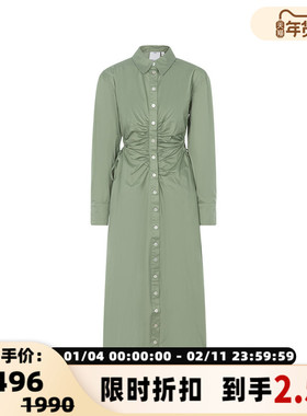 C/MEO 腰部抽褶镂空设计复古时髦女士单排扣长款连衣裙