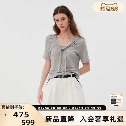Three Quarters 26春夏新款女士气质通勤莱赛尔飘带短袖T恤301355