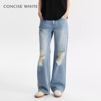 concise-white/简白系列春季女士水洗破洞牛仔裤银泰 301257