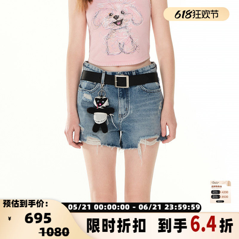 ANDREA MARTIN 25春夏女士蓝色皮带破洞短裤银泰百货精品 301489