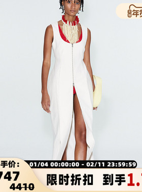 RECTO女士性感沙漏廓形汤勺领拉链设计天然亚麻黑白两色连衣裙