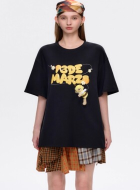 13DE MARZO 男女同款25春夏新款蜜蜂小熊插画Logo棉质T恤 300178