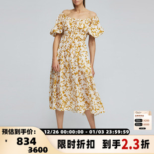 折扣 短袖 ACLER 土黄色方领抽褶腰身灯笼袖 女士连衣裙 白色