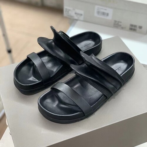 RICKOWENS女士暗黑系解构风罗纹皮质拖鞋凉拖 银泰百货 301596