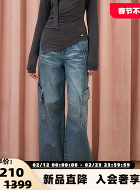 Three Quarters 新款女士蓝色蕾丝解构工装宽松牛仔裤银泰 301355