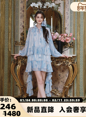 FLONAKED 春夏新款幕蓝烟雾立体花朵蛋糕连衣裙银泰百货 300170